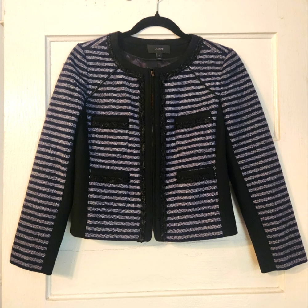 J. Crew Tweed Blazer, Striped, Front Zip, Wool Blend Jacket Size 2 EUC Fringe